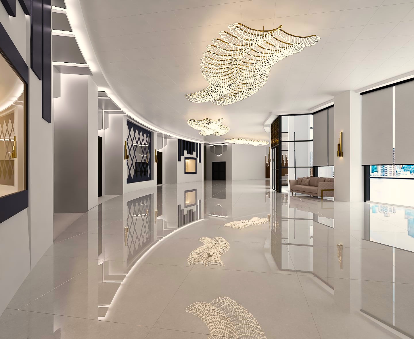 Bright foyer lounge with wave-style chandeliers inside Palacio Event Centre